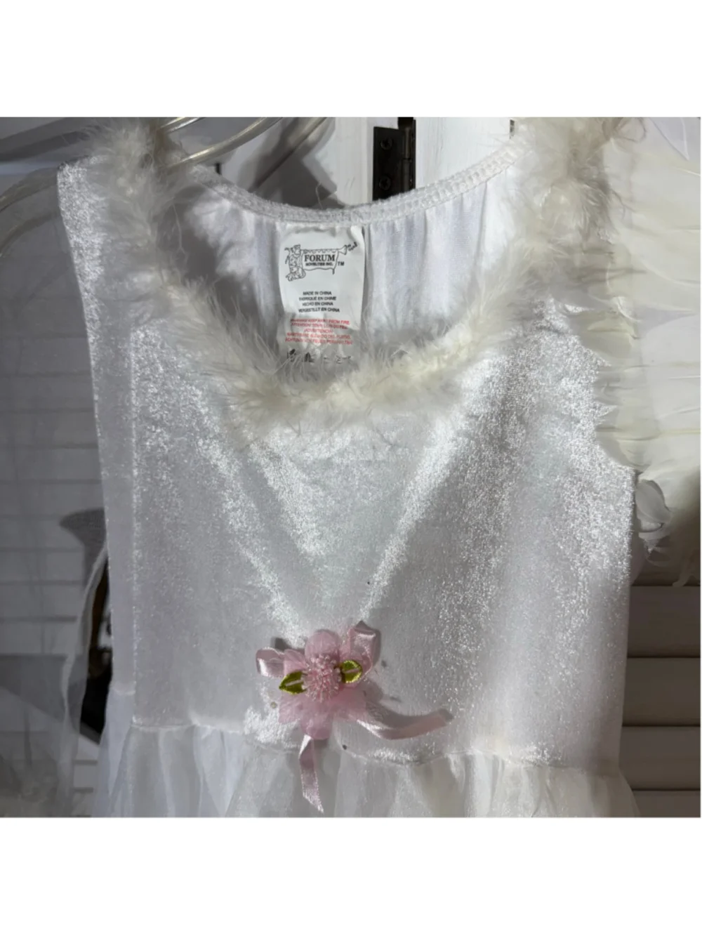 Feathered angel dress & wings Halloween costume white ivory lace feathers sz M